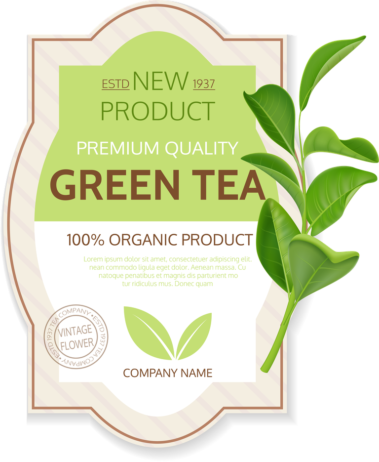 realistic tea leaves labels for premium organic green tea packaging and branding