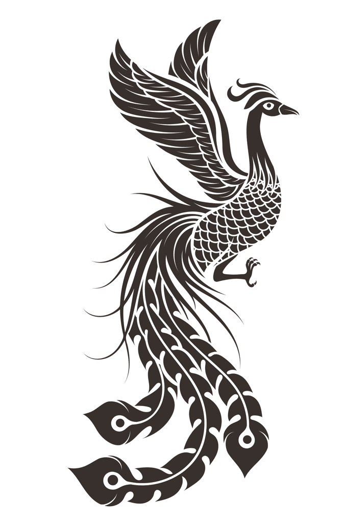 black and white silhouette of a phoenix bird with a long tail