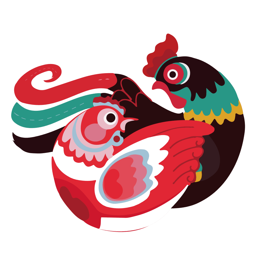 two eastern chickens in a circle illustration