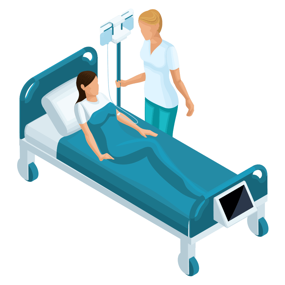 isometric comfortable hospital bed and caring nurse in a medical setting