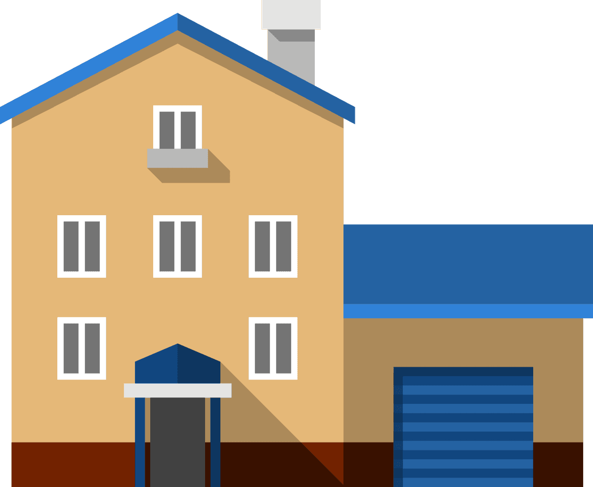 flat residential house illustration with a blue roof and garage for modern living