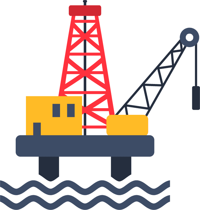 rig petroleum industry icon set featuring colorful offshore drilling platform and crane