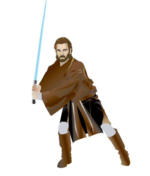robot star wars illustrations featuring a heroic jedi wielding a lightsaber battle stance
