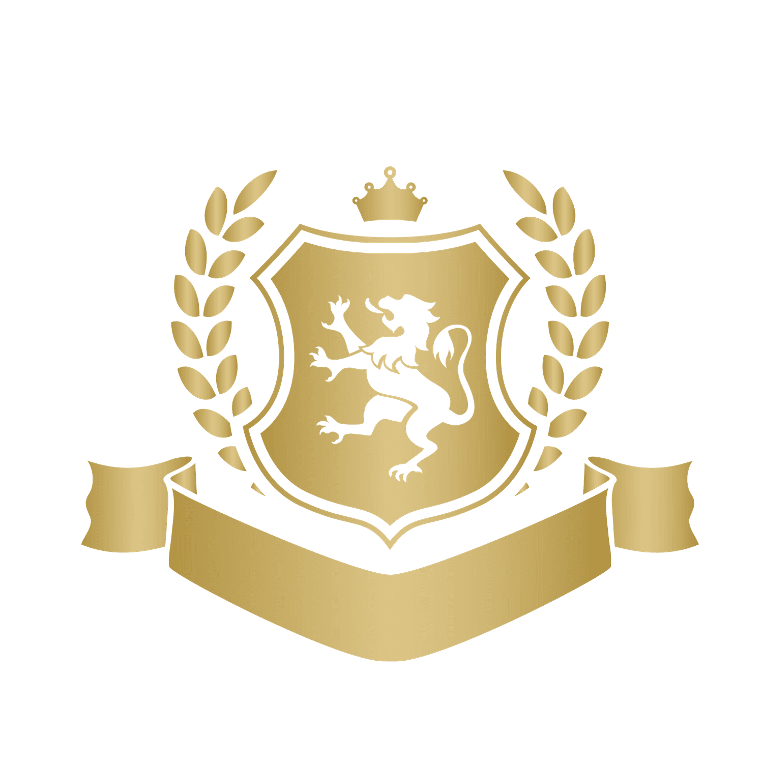 royal emblem with lion, laurel wreath, and ribbon