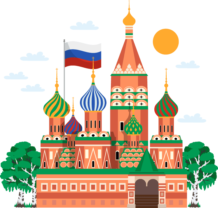 russia travel tours attractions culture landmarks flat compositions with traditional food symbols