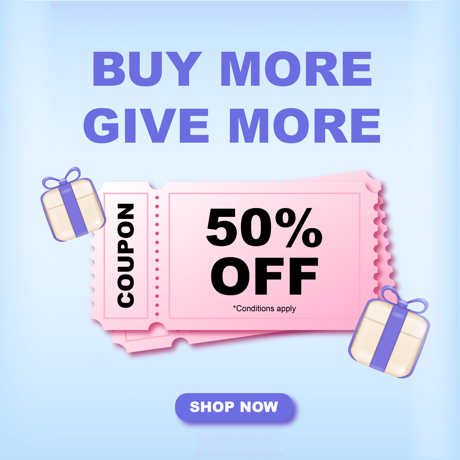 playful pastel 50% off discount coupon design with gift boxes