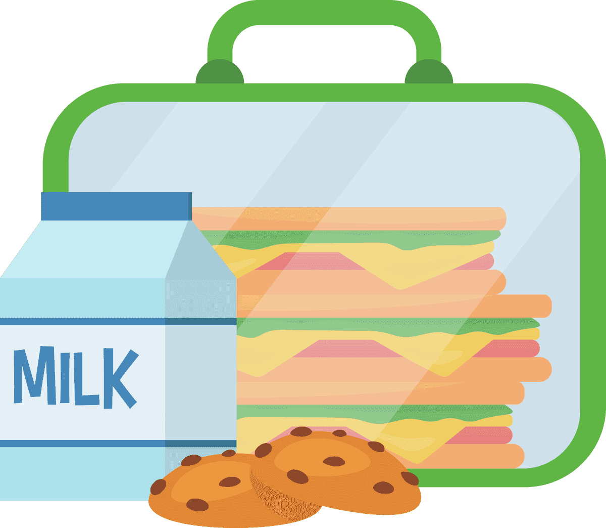 school lunch boxes children illustrations with sandwiches, milk, and cookies for daily meals