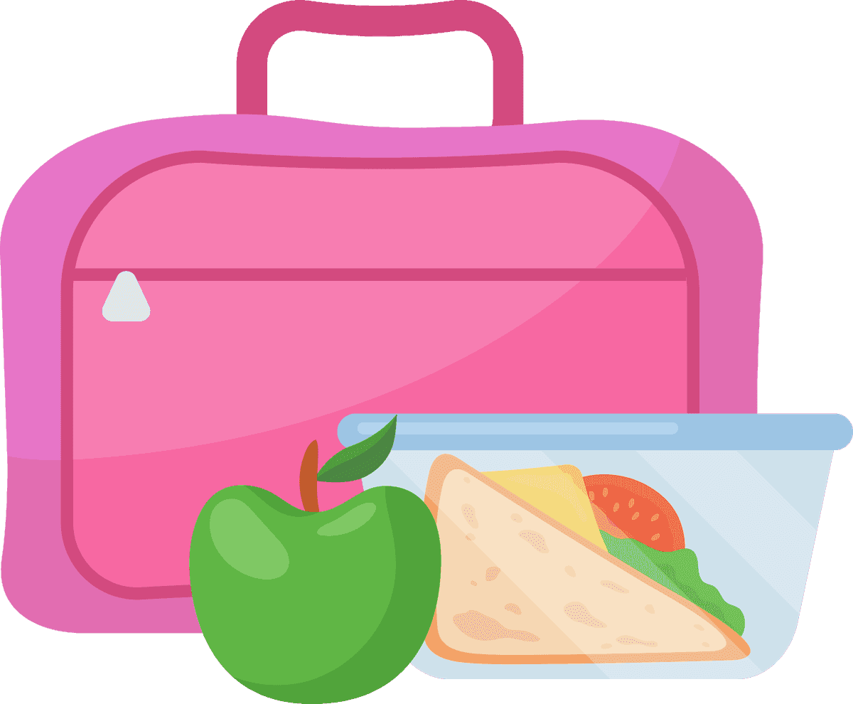 school lunch boxes children illustrations with pink bag, healthy meals, and vibrant colors