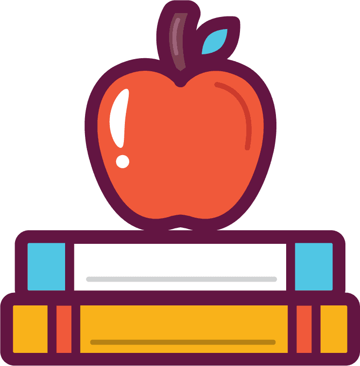 school objects used for education featuring an apple and stacked books in a colorful illustration