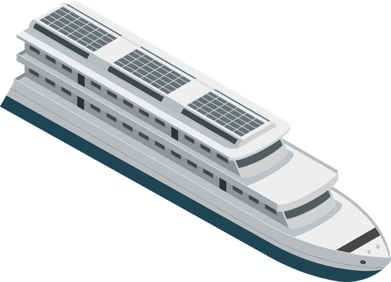 sea river vessel isometric icons featuring a solar-powered boat for eco-friendly transport