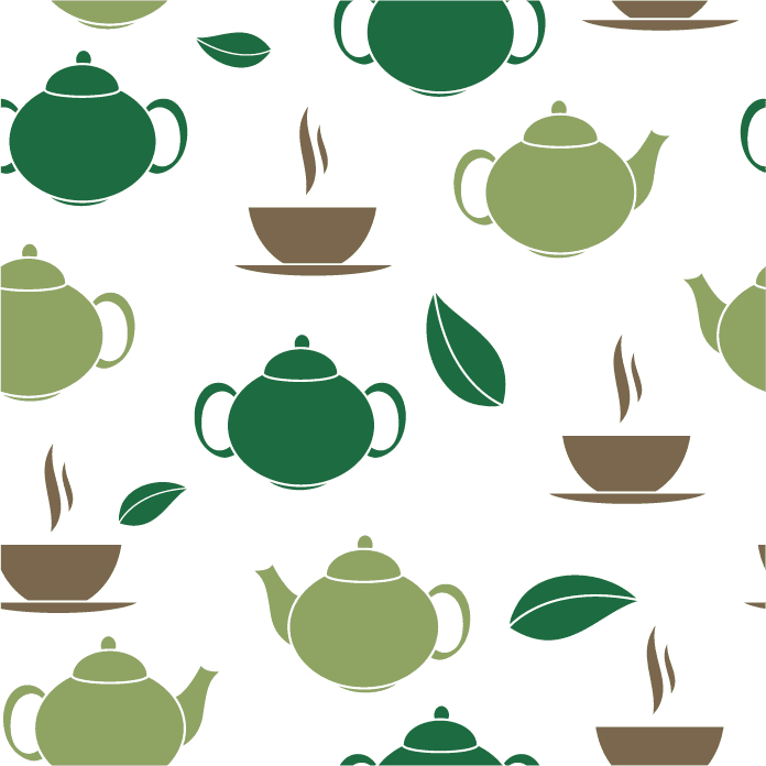 seamless pattern illustration of teapots and cups with leaves for home decor