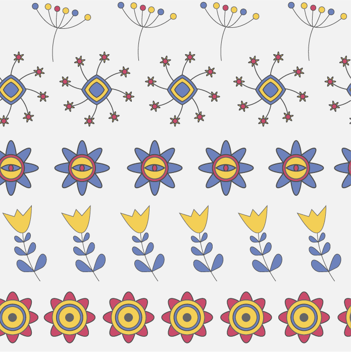 seamless pattern illustration of colorful floral motifs and geometric shapes for textile applications