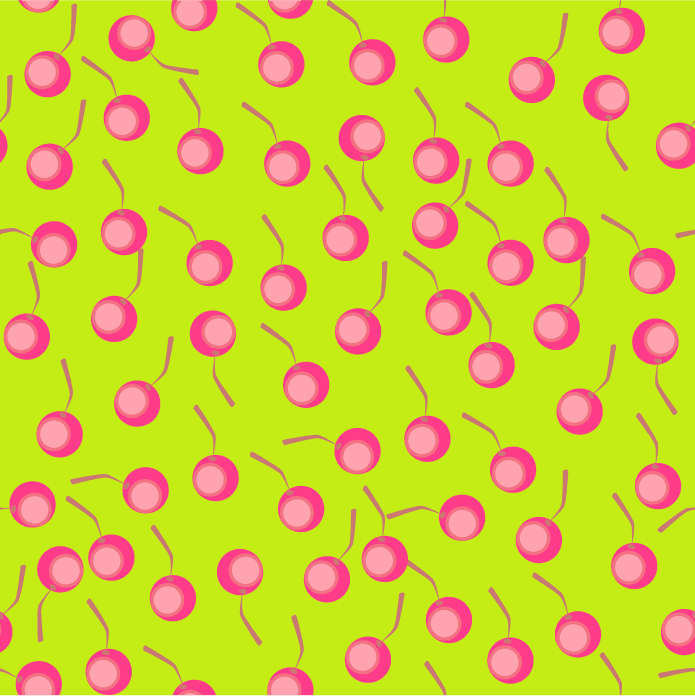 seamless pattern illustration of playful pink cherries on bright green background