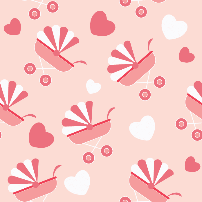 seamless pattern illustration of cute baby strollers and hearts for nursery decor