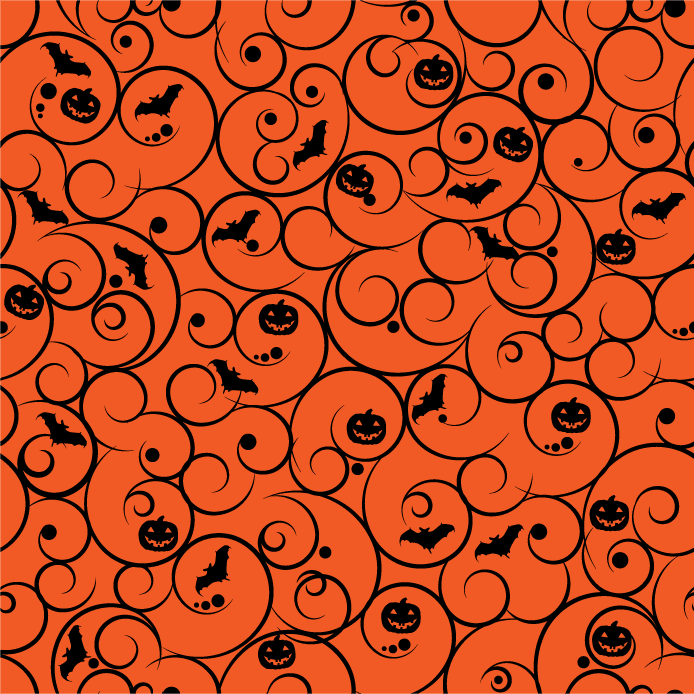 seamless pattern illustration featuring whimsical bats and pumpkins on vibrant orange backdrop