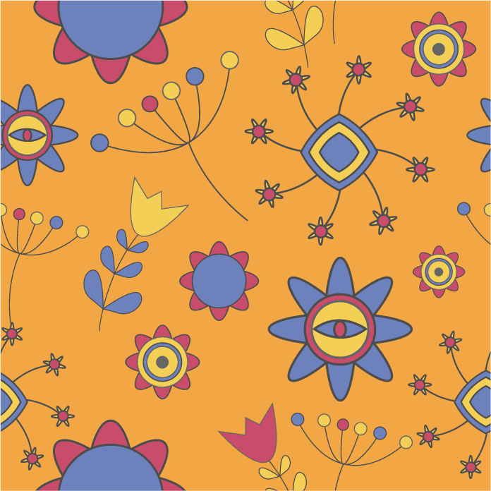 cheerful seamless pattern illustration featuring whimsical flowers and playful shapes on an orange background