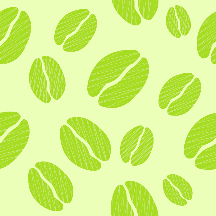 seamless pattern illustration of playful green coffee beans on soft pastel background