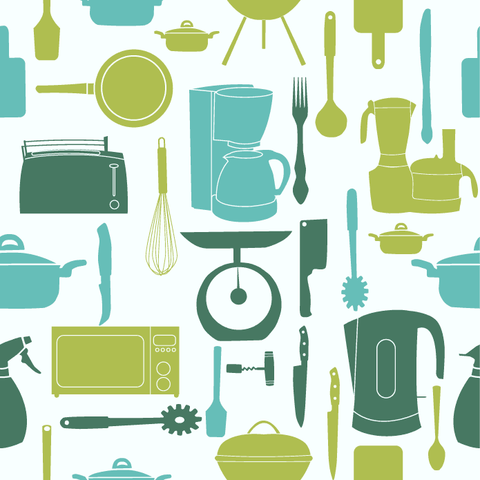 seamless pattern illustration of kitchen utensils and appliances in modern style