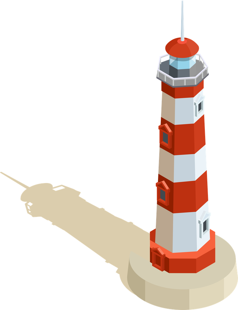 isometric seaport ocean logistic illustration featuring a vibrant lighthouse and shipping elements
