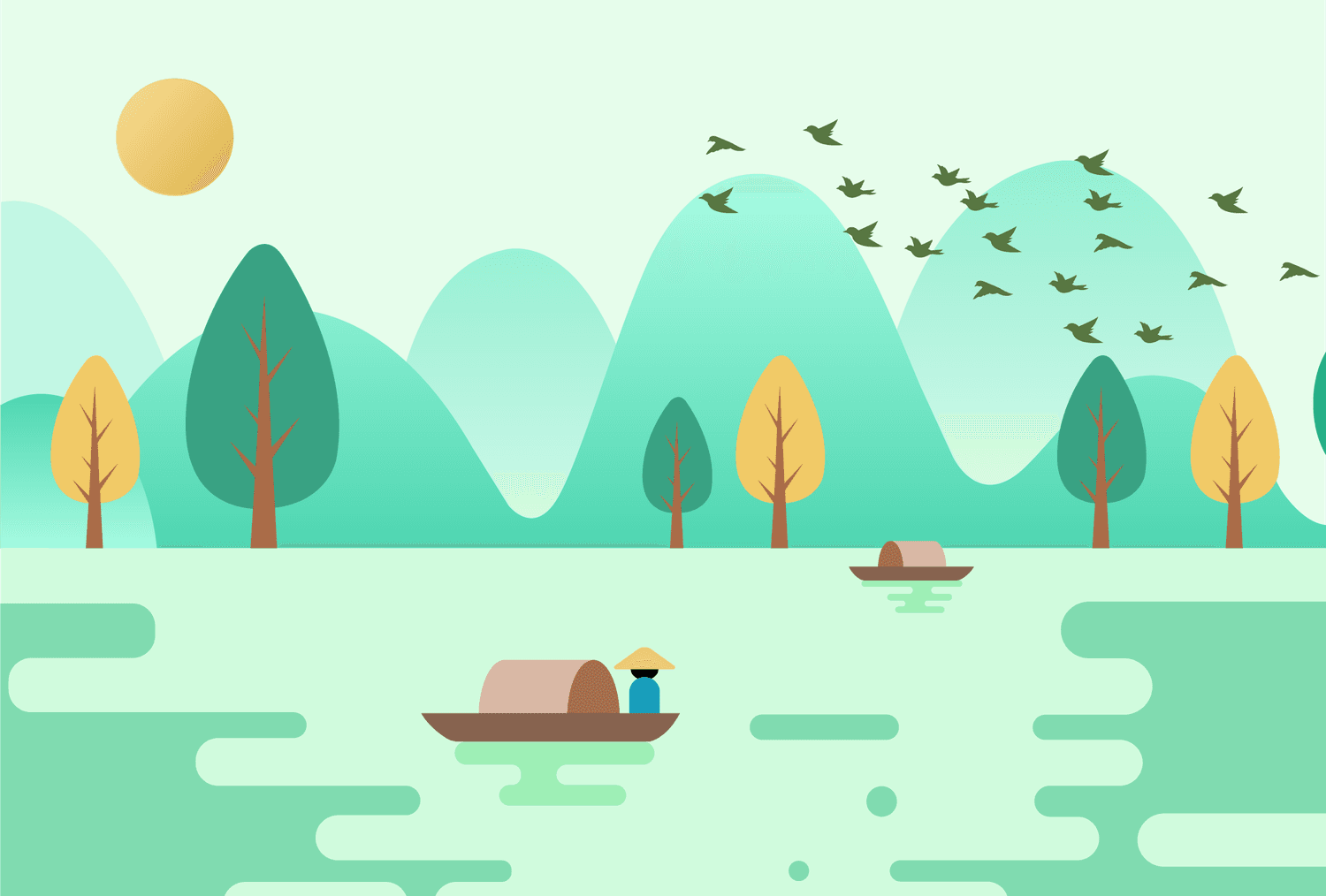 serene lake scene with boating and birds in flight