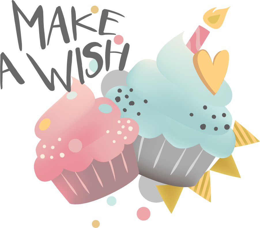 set birthday wishes design vector with cheerful cupcakes and playful lettering for celebrations