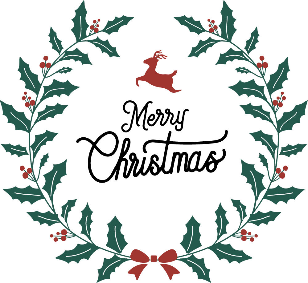 set christmas elements vector featuring festive wreaths with holly and a playful reindeer