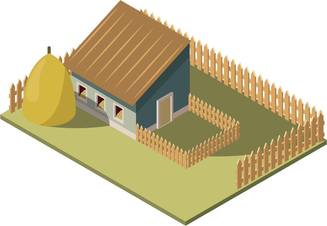 set isometric farms with mills barn silo hay fence