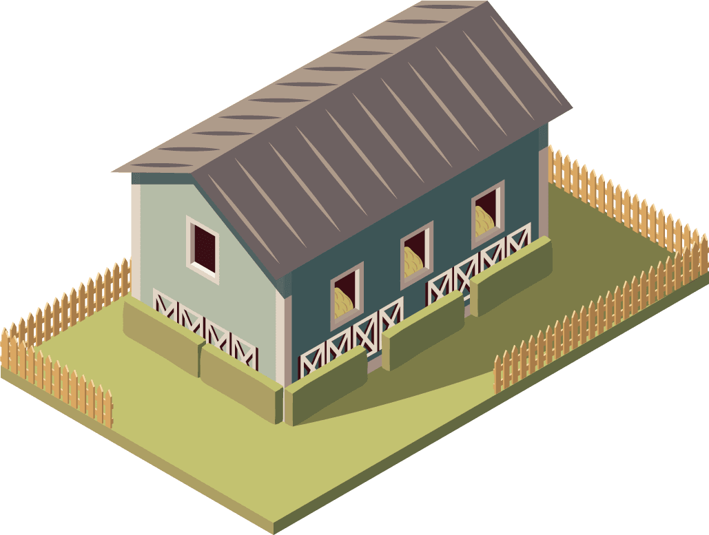 set isometric farms with mills barn silo hay fence