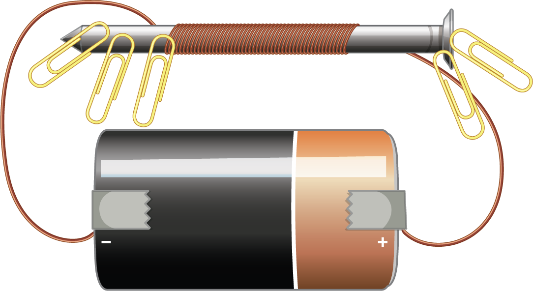 battery and paper clips creating a simple electric circuit for educational projects