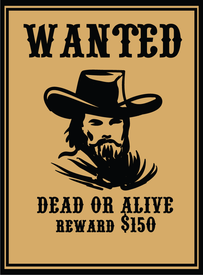 cowboy objects vector featuring a vintage wanted poster with a rugged outlaw appearance