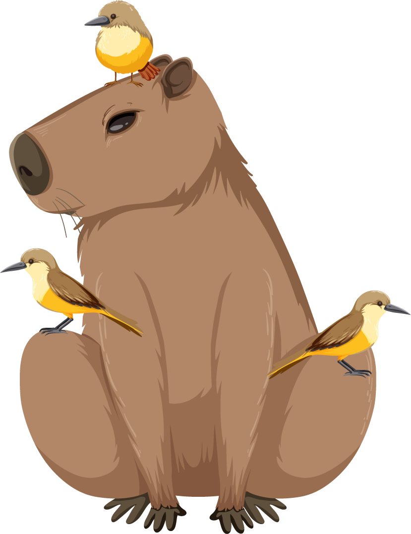 different capybara in cartoon style with cheerful birds perched on its back and sides