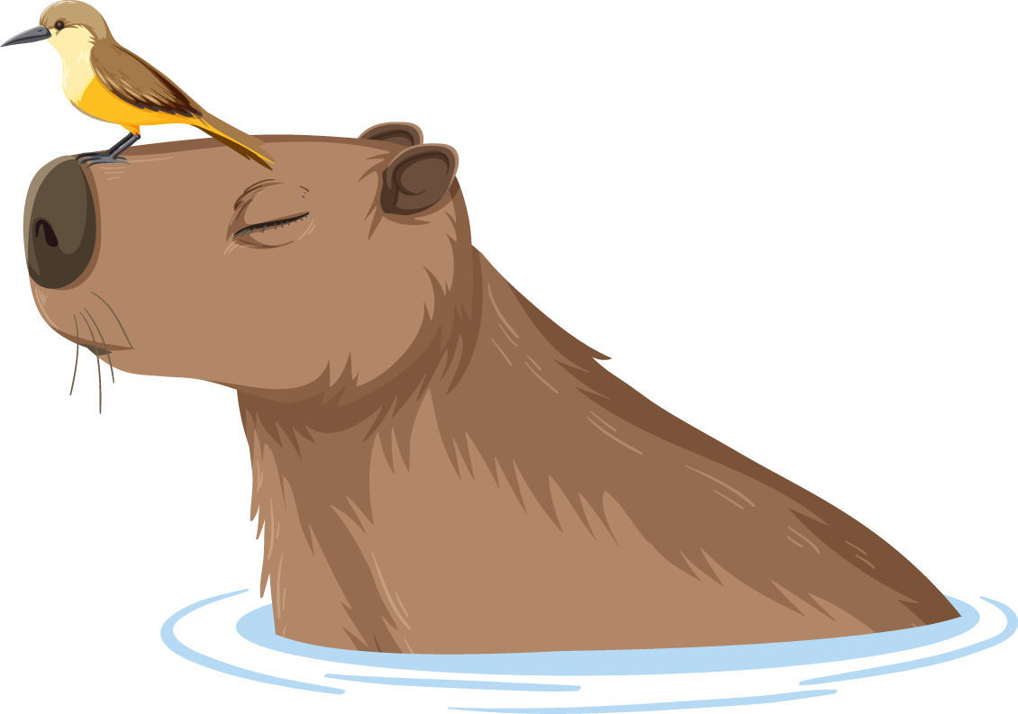 different capybara in cartoon style with a bird resting on its head, perfect for playful designs