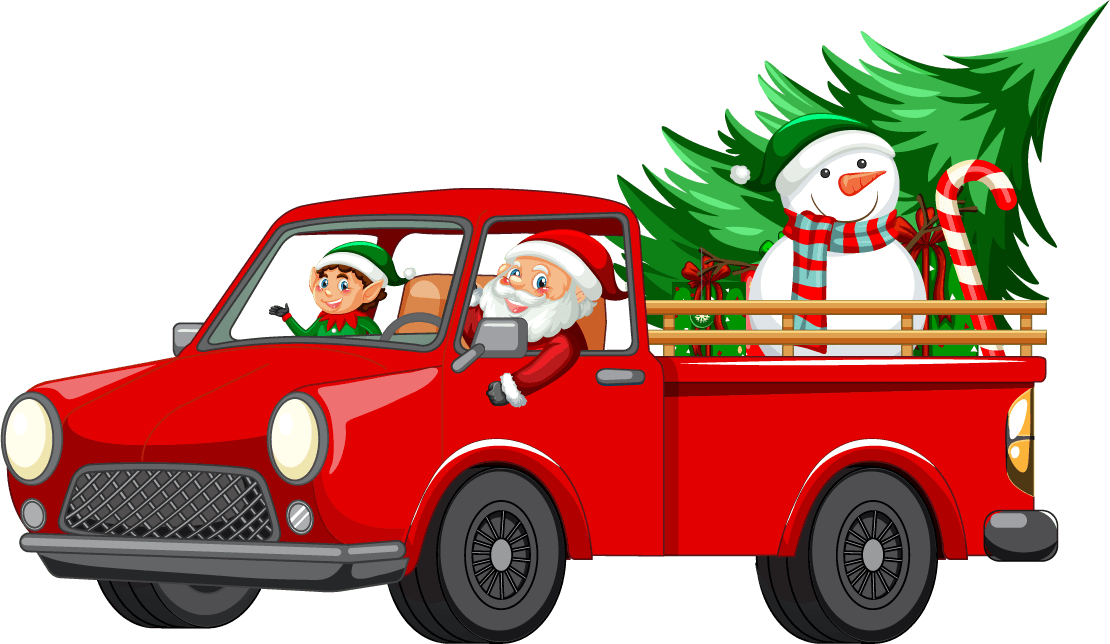 different christmas cars and santa claus characters