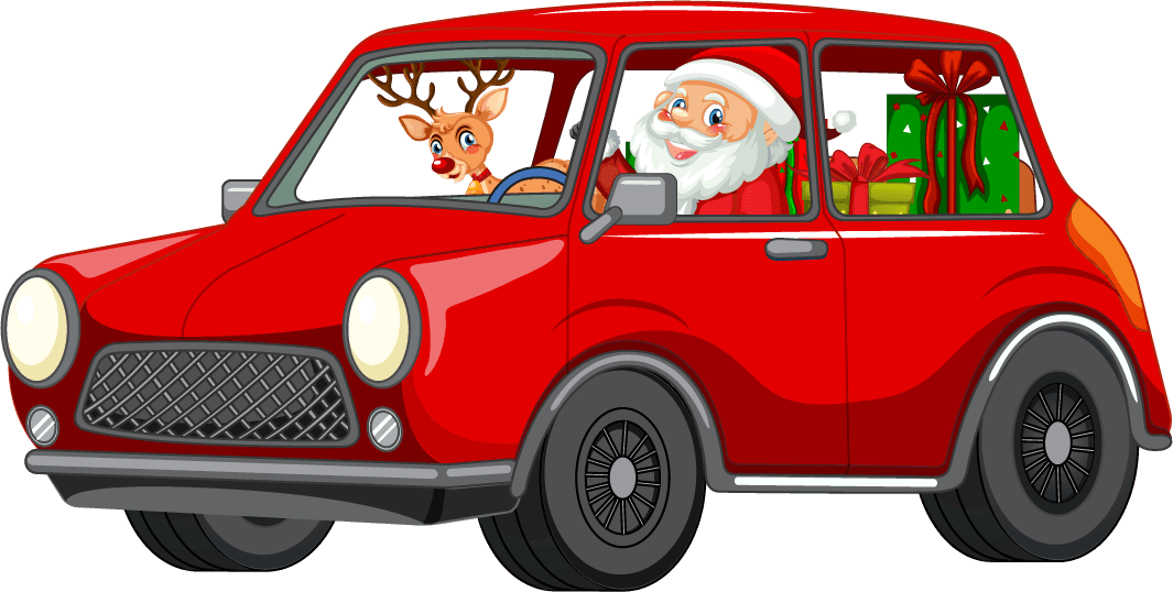 different christmas cars and santa claus characters