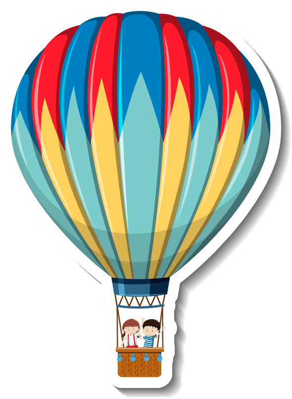 different traditional objects including a colorful hot air balloon with joyful passengers