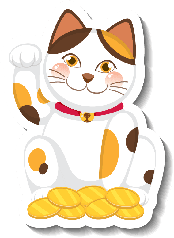 different traditional objects featuring a cheerful cat with golden coins in a playful style