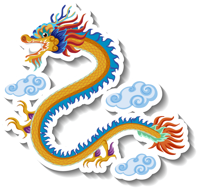 different traditional objects featuring a colorful dragon and playful cloud motifs