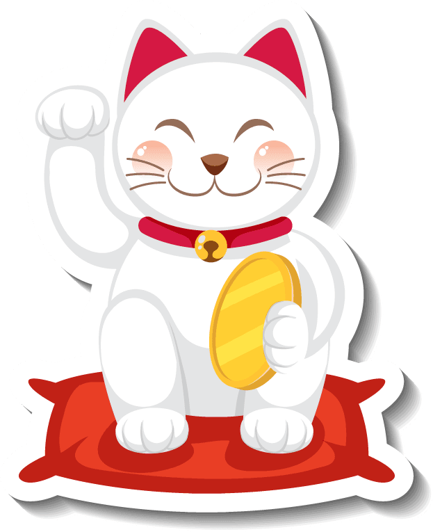 different traditional objects showcasing a cheerful lucky cat illustration for decor and gifts