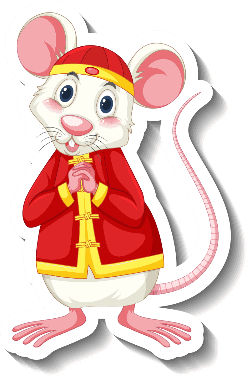 different traditional objects illustrated by a joyful mouse character in festive attire