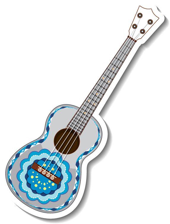 different traditional objects featuring a beautifully illustrated acoustic guitar in vibrant colors