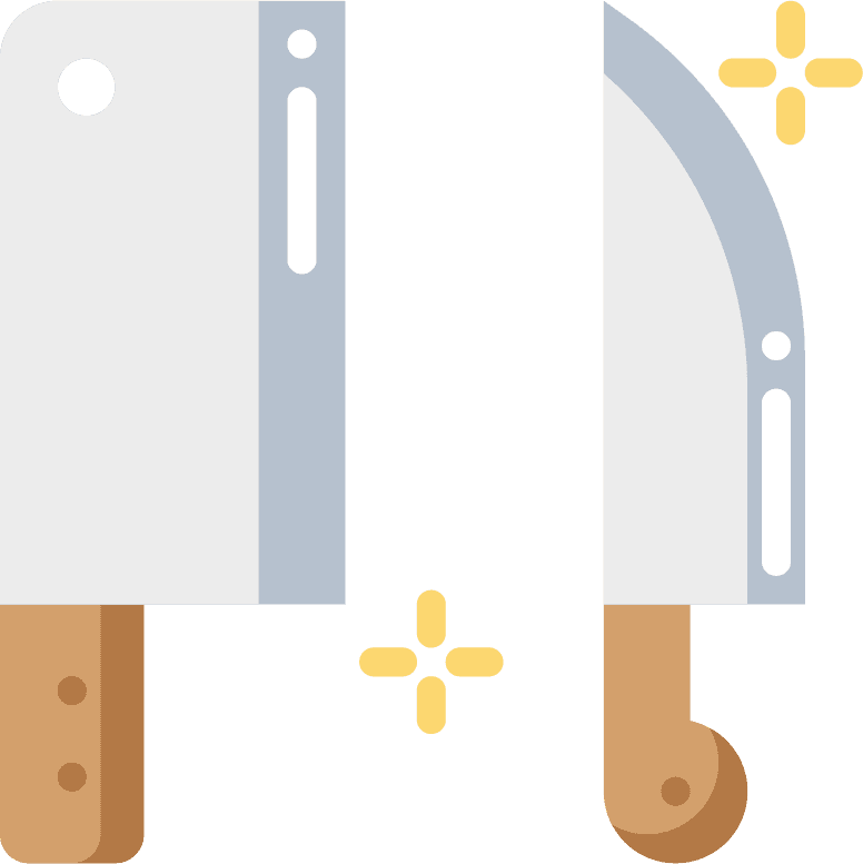 flat color kitchen tool icons featuring cleavers with wooden handles for culinary tasks