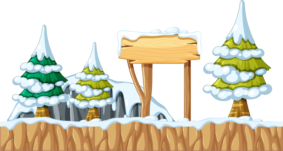 isolated game objects featuring winter scenery with snow-covered trees and wooden sign