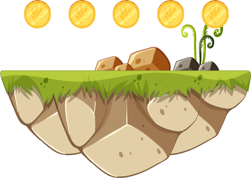 isolated game objects featuring floating terrain, coins, and playful vegetation for adventure levels