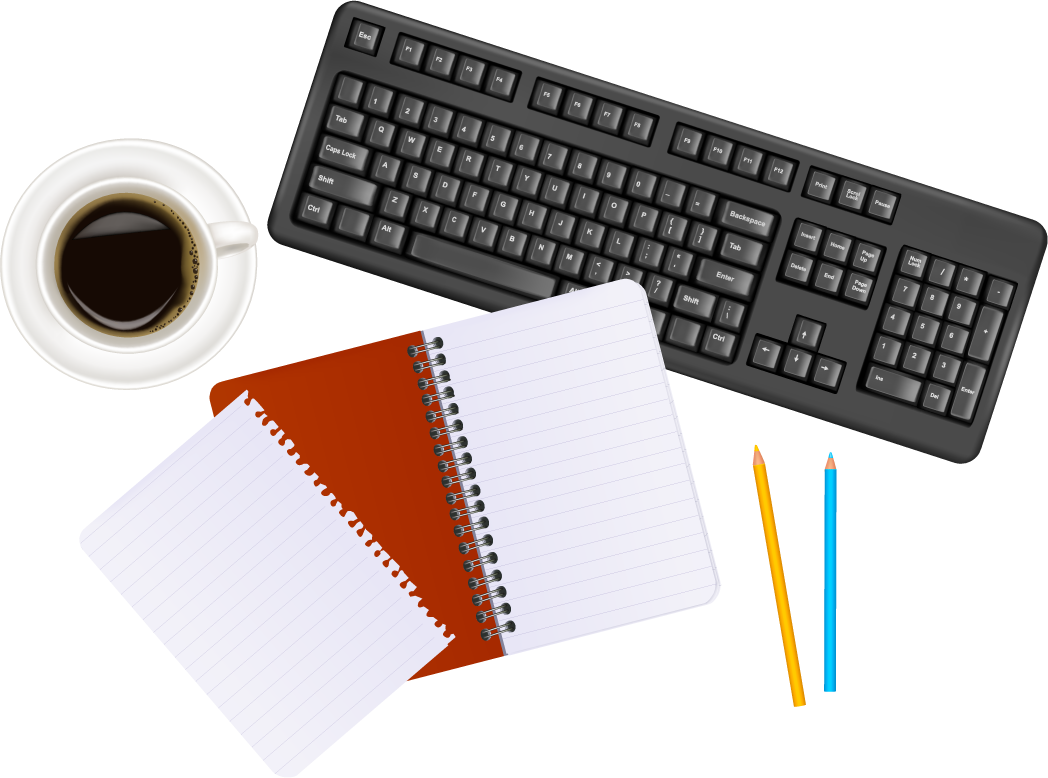 set of objects office graphics with a keyboard, notepad, and coffee cup for workspace use