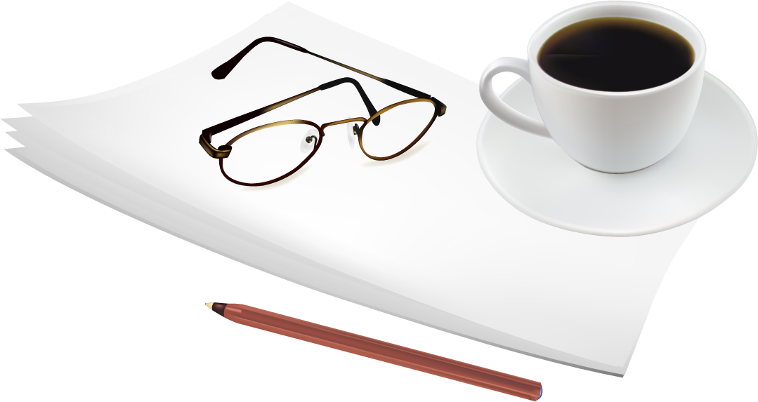 set of objects office graphics featuring coffee cup, glasses, and notepad for workspace