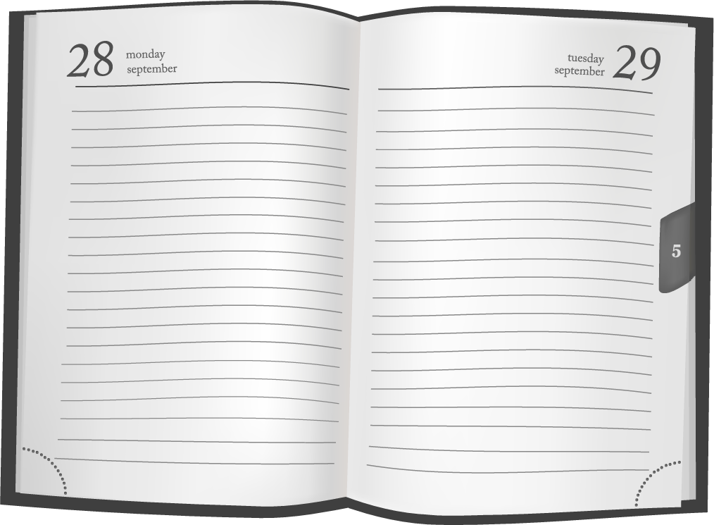 set of objects office graphics featuring an open planner for organizing daily tasks effectively