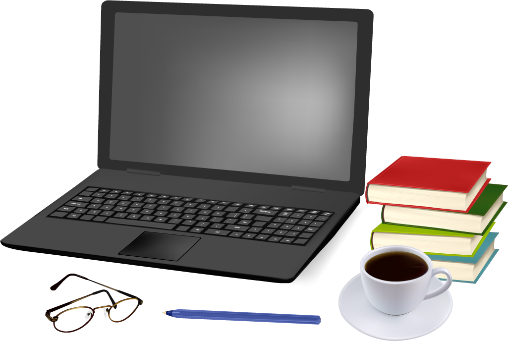 set of objects office graphics featuring a laptop, books, coffee, and glasses for workspace inspiration