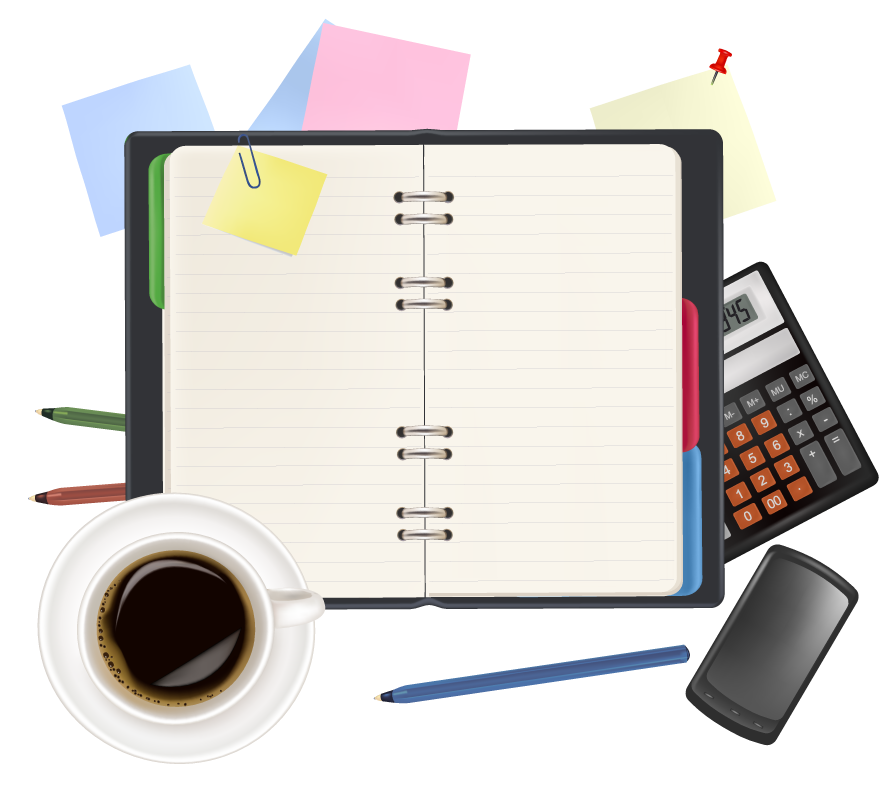 set of objects office graphics featuring stationery, coffee, and essentials for productivity