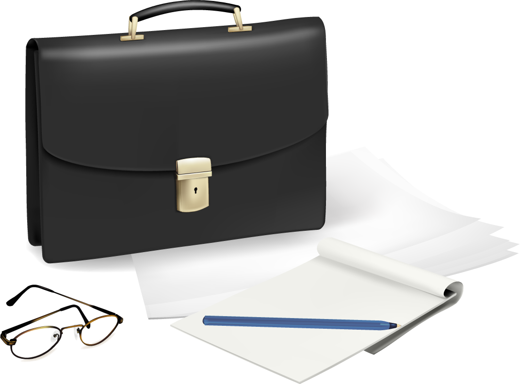 set of objects office graphics featuring a sleek briefcase with notepad and pen