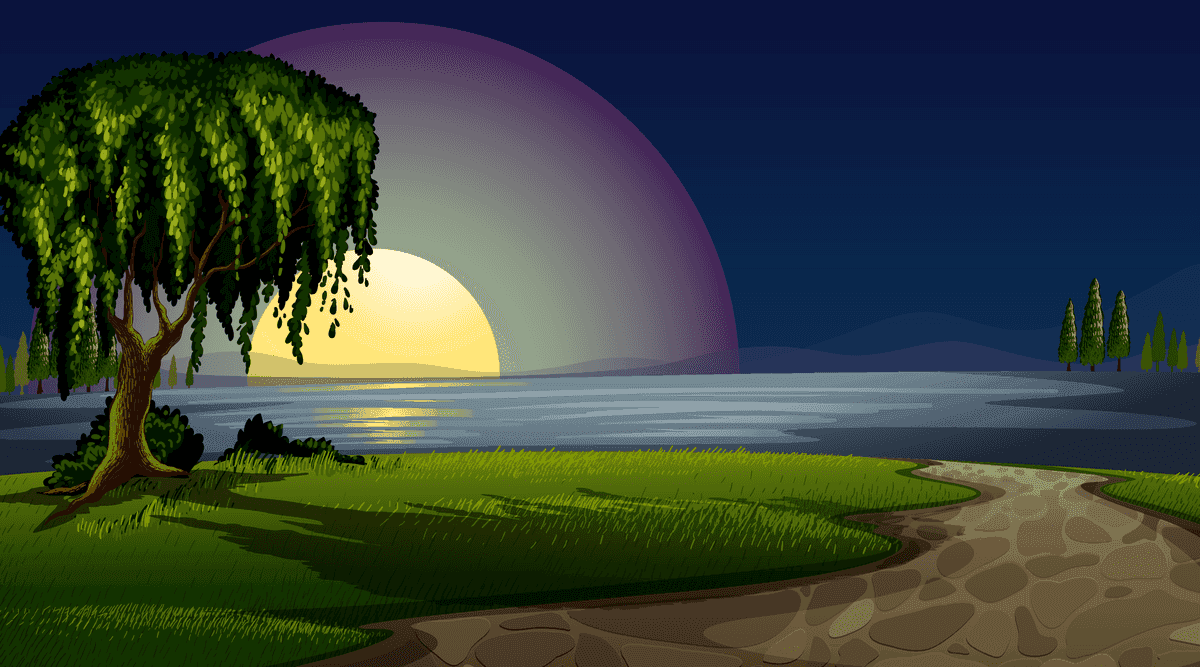 serene landscape scenes with a vibrant sunset, a tranquil lake, and lush greenery